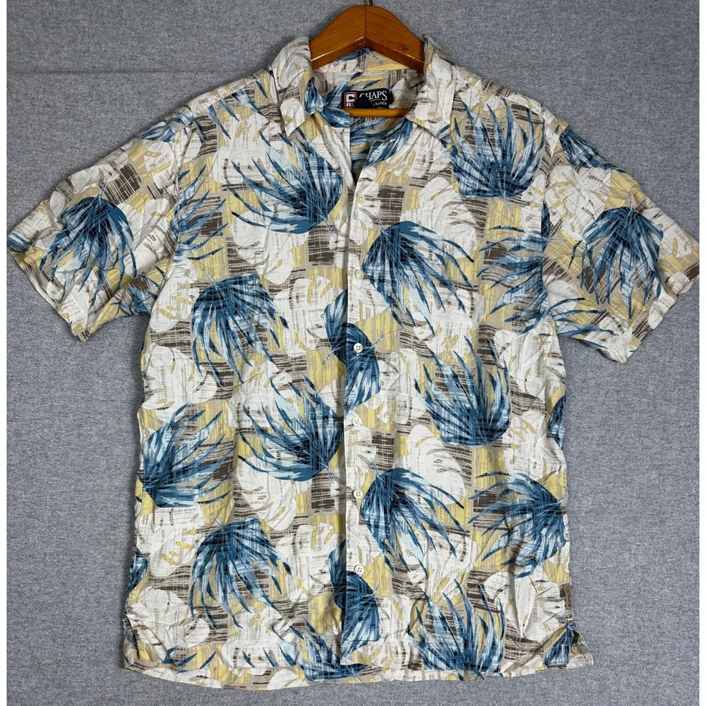 Vintage Chaps Ralph Lauren Silk Hawaiian Shirt Button M Blue Yellow Tropical
